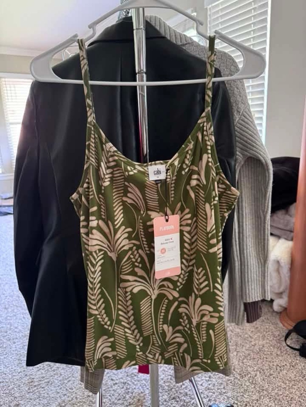 CAbi Olive Green Botanical Print Camisole